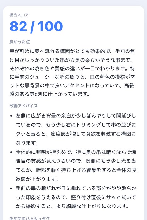 AIが料理写真を100点満点で採点し、良かった点と改善アドバイスを表示する実際の画面